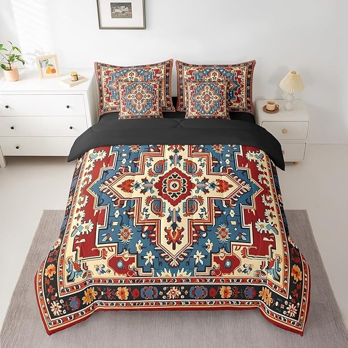 Erosebridal Oriental Queen Bedding Sets Vintage Comforter Set, Art Deco Floral Bedding Comforter Sets 7pcs Boho Tribal Bed in a Bag Traditional Aesthetic Bedding Sets, Hippie Paisley Mandala Decor Red