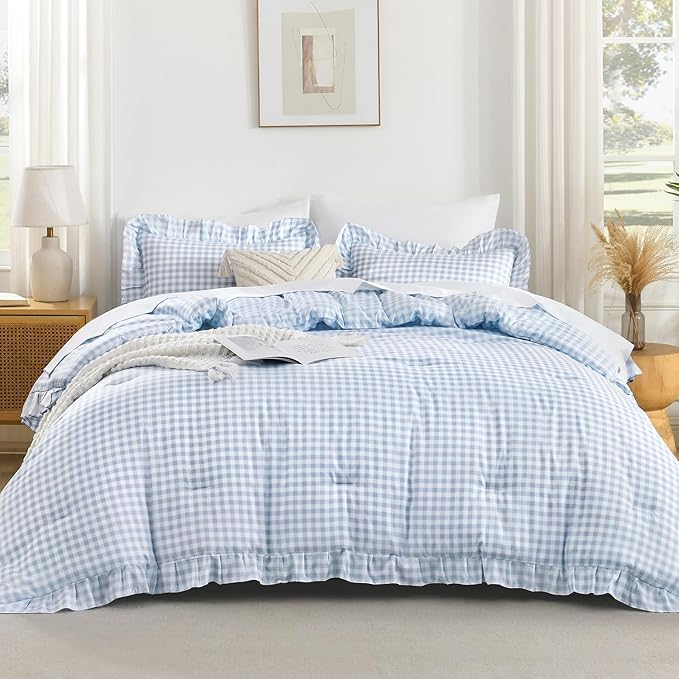 Andency Blue Gingham Ruffle Comforter King(104x90Inch), 3 Pieces(1 Ruffled Comforter and 2 Pillowcases) Solid Farmhouse Shabby Chic Bed, Vintage Rustic Soft Microfiber Bedding Set