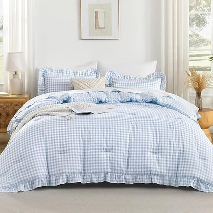 Andency Blue Gingham Ruffle Comforter Twin(66x90Inch), 2 Pieces(1 Ruffled Comforter and 1 Pillowcase) Solid Farmhouse Shabby Chic Bed, Vintage Rustic Soft Microfiber Bedding Set