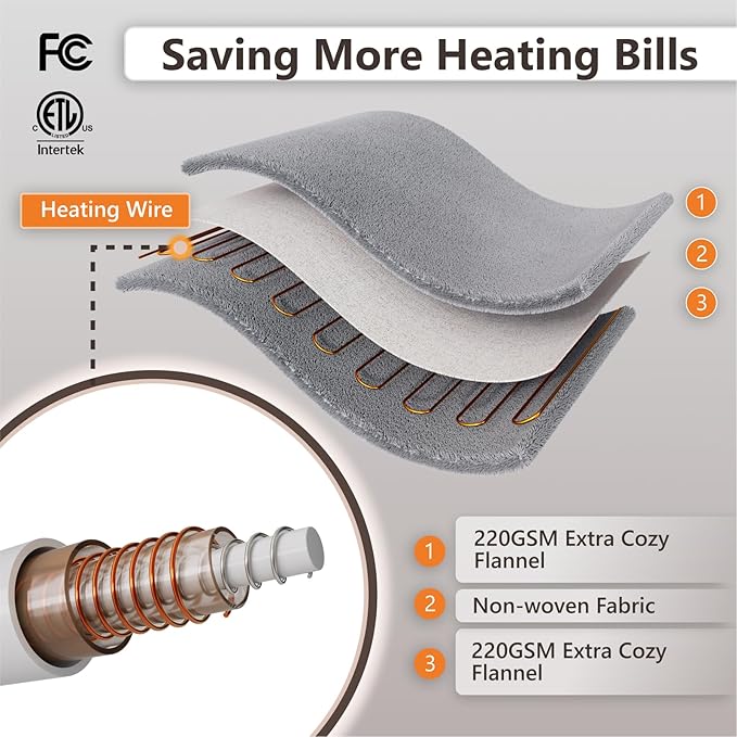 Wapaneus Heated Blanket Electric Blanket 62" x 84" Twin Size with 10 Heating Levels and 12 Hours time Settings, Flannel Fast-Heating Electric Blanket, ETL Listed, Machine Washable,Light Grey