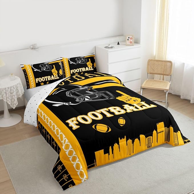 Feelyou Football Bedding Set Boys Girls Queen Size Rugby Sports Comforter Set Sports Theme Women Men Football City Duvet Quilt Black Yellow Room Decor