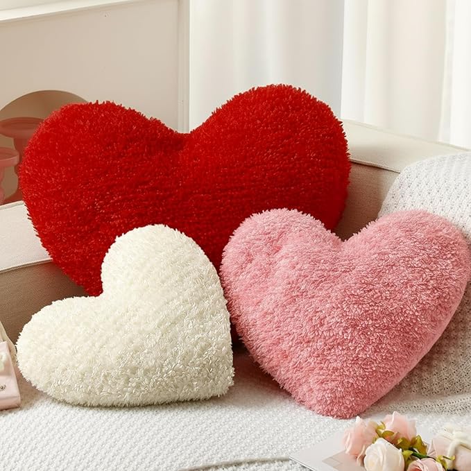 Bucherry 3 Pcs Valentine's Day Heart Throw Pillows, Red White Pink Heart Pillow Soft Decorative Back Cushion for Girls Women Bed Sofa Valentines Wedding Gifts Home Decor(Plush,Without Ruffed)