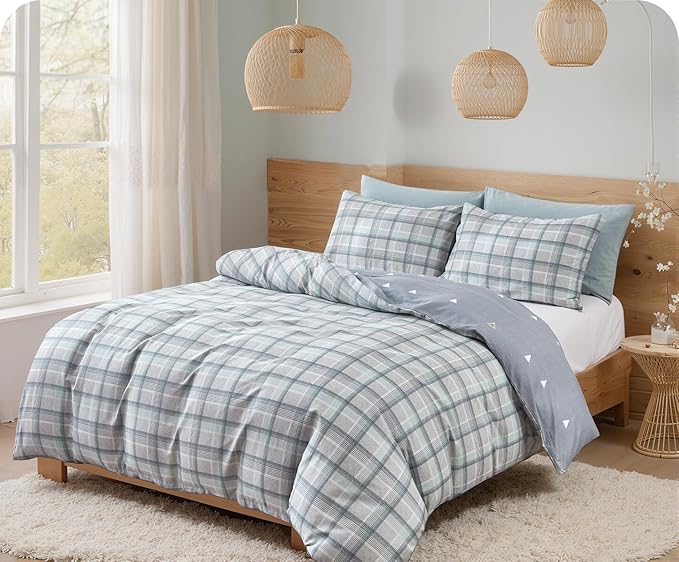 SLEEPBELLA Comforter Queen Size, 600 Thread Count Cotton Reversible Grey Buffalo Pattern Grey Plaid Comforter Sets,Down Alternative Bedding Set 3Pcs (Queen, Grey Plaid)