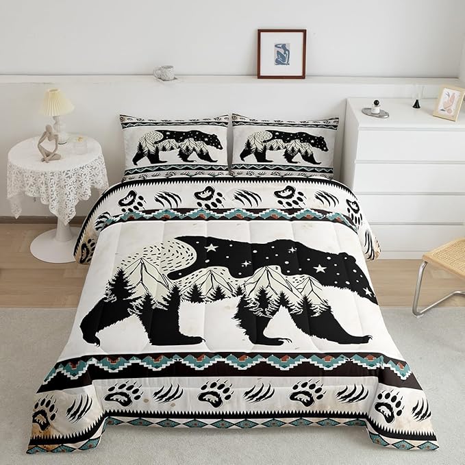 Feelyou Bear Print Bedding Set Boho Southwestern Comforter Set for Kids Boys Girls Wild Animal Hunt Comforter Rustic Farmhouse Quilt Set Room 2Pcs Toddler Size