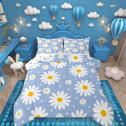 Erosebridal Blue Daisy Full Bedding Set for Girls,Cute Cartoon Flower Comforter Set Rustic Daisy Floral Comforter Watercolor Flowers Duvet Insert for Kids Teen Adults Room Decor