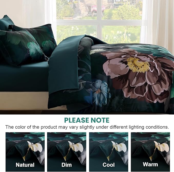 WONGS BEDDING Floral Comforter Set Queen Size, 7 Pieces Teal Bed in a Bag Comforter Bedding Set, Soft Microfiber for All Season with Pillowcases & Shams,Sheets(90"×90")
