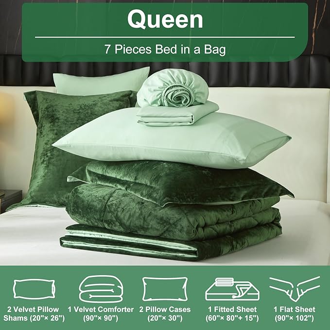 Ivellow Queen Comforter Set 7 Pieces Bed in a Bag Crushed Velvet Comforter Set Flannel Queen Green Comforter Ultra Soft Breathable Luxury Soft Warm Winter Bedding Set with Sheets, Pillowcases & Shams