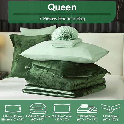 Ivellow Queen Comforter Set 7 Pieces Bed in a Bag Crushed Velvet Comforter Set Flannel Queen Green Comforter Ultra Soft Breathable Luxury Soft Warm Winter Bedding Set with Sheets, Pillowcases & Shams