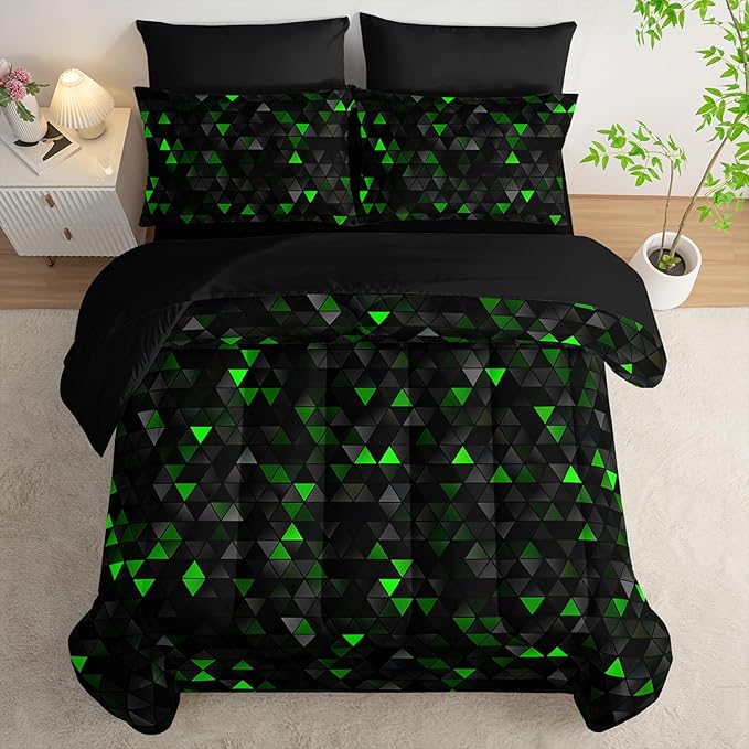 Geometric Green Black Triangle Queen Size Comforter Set,Light Honeycomb Bedding Set 7 Piece in A Bag,Bed Sheet Set Geometry Decor,Microfiber Lightweight All Season