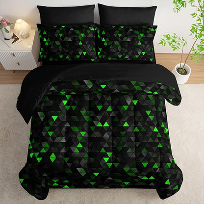 Geometric Green Black Triangle Queen Size Comforter Set,Light Honeycomb Bedding Set 7 Piece in A Bag,Bed Sheet Set Geometry Decor,Microfiber Lightweight All Season