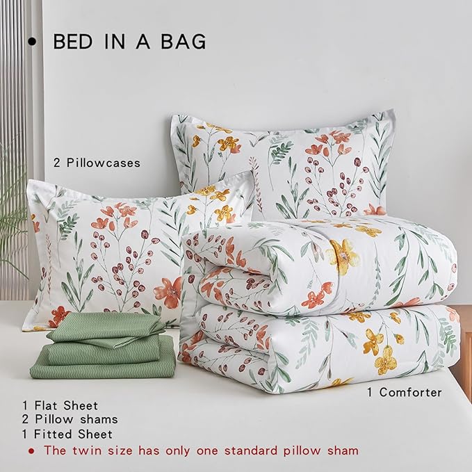 AIKASY Bed in a Bag 6 Pieces Twin Size - Floral Print - Soft Microfiber, Reversible Bed Comforter Set (1 Comforter, 2 Pillow Shams, 1 Flat Sheet, 1 Fitted Sheet, 1 Pillowcases)（White, Twin）