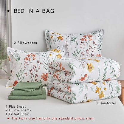 AIKASY Bed in a Bag 6 Pieces Twin Size - Floral Print - Soft Microfiber, Reversible Bed Comforter Set (1 Comforter, 2 Pillow Shams, 1 Flat Sheet, 1 Fitted Sheet, 1 Pillowcases)（White, Twin）