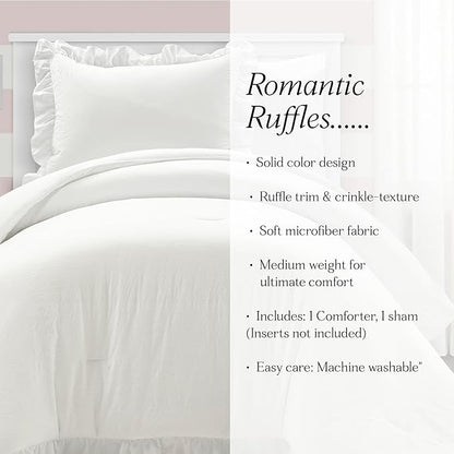 Lush Decor Reyna Ruffle Comforter Set - 2 Piece Twin Size Ruffle Comforter Set - Elegance for Dorm Room - Twin XL, Pure White