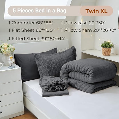 MUXHOMO 5 Pieces Twin XL Comforter Set, Seersucker Bed in a Bag Twin XL Size, All Season Luxury Bedding Set with Comforter, Flat Sheet, Fitted Sheet, Pillowcase & Sham, Dark Grey
