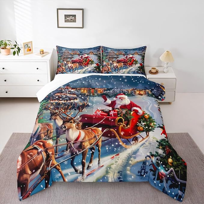 Santa Claus Comforter Set Full Size,Merry Christmas Bedding Set 3Pcs for Kids Girls Boys Teens Room Decor,Elk Deer Sled and Xmas Tree Quilt Set Rustic Farmhouse Duvet Insert,2 Pillowcases