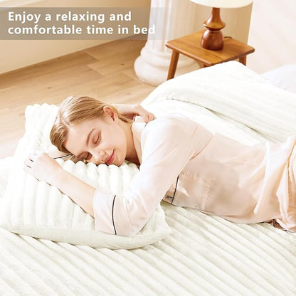 CozyLux Fluffy Full Size Comforter Sets - Super Soft Faux Fur Cream White Comforter Full Size, Winter Warm Fleece Bedding Set, 3 Pieces Plush Fuzzy Bed Set (1 Shaggy Comforter, 2 Pillowcases)