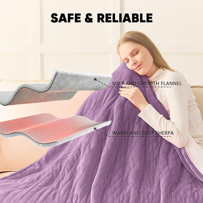 greenoak Heated Blanket Electric Queen Size 84"X90" Dual Control, Heating Blankets with 10 Levels 8 Hours Auto-Off, Soft Sherpa Fluffy House Warming Gifts for Grandma Seniors Momt,Wisteria