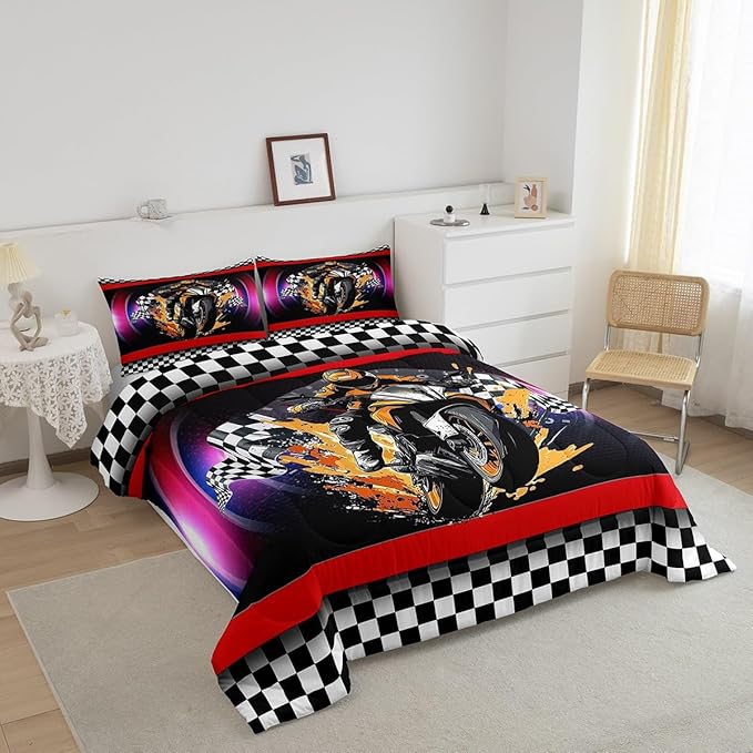 Feelyou Dirt Bike Comforter Set Queen Size Flag Comforter Racing Motocross Rider Bedding Set Extreme Sports Duvet Set Room Decor Black Purple Quilt Set
