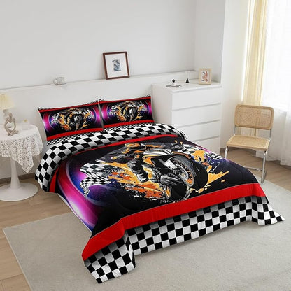 Feelyou Dirt Bike Comforter Set Toddler Size Flag Comforter Racing Motocross Rider Bedding Set Extreme Sports Duvet Set Room Decor Black Purple Quilt Set