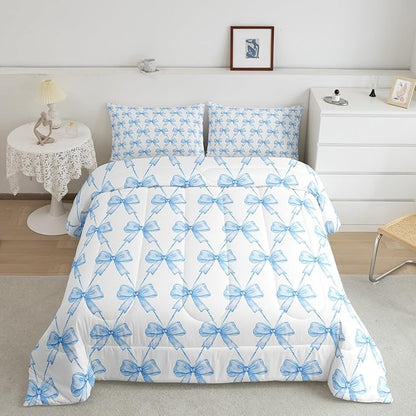 Feelyou Blue Bow Comforter Set Full Size Cute Bowknot Bedding Set Boys Girls Kawaii Comforter for Kids Women Men Bow and Stripes Duvet Set 3Pcs
