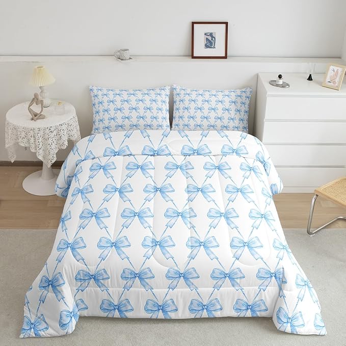 Feelyou Blue Bow Comforter Set King Size Cute Bowknot Bedding Set Boys Girls Kawaii Comforter for Kids Women Men Bow and Stripes Duvet Set 3Pcs