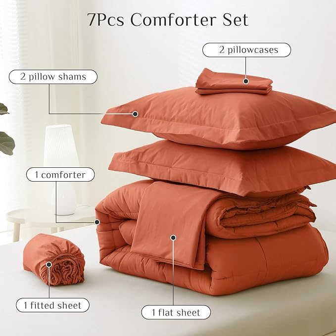 JOLLYVOGUE California King Comforter Set, Ultra-Soft Bed in a Bag Cal King Size 7 Pieces, Oeko-TEX Certified Bedding Set with Down Alternative Comforter, Sheets, Pillowcases & Shams, Burnt Orange