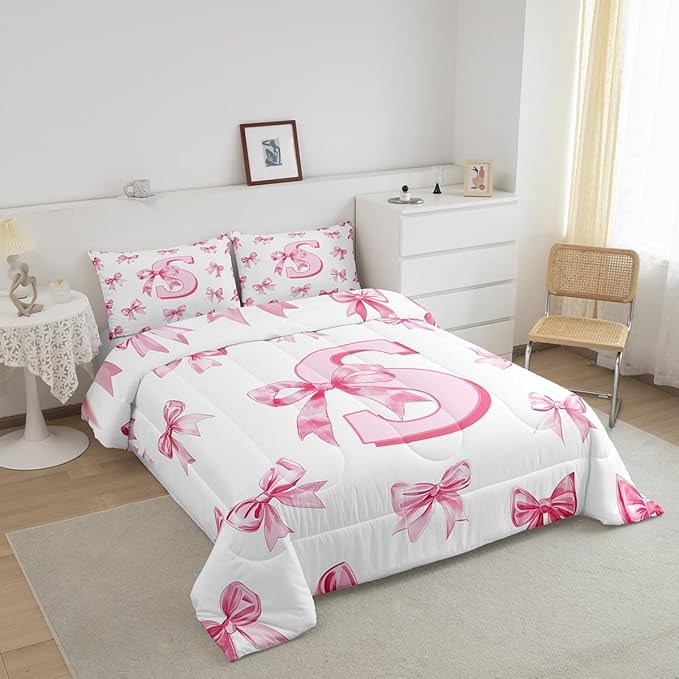 Erosebridal Dreamy Bow Bedding Comforter Sets Pink Monogrammed S Comforter Set Initial Letter S Bowknot Bedding Set Twin Size for Kids Girls Teen Women,Kawaii Girly Princess Quilt Duvet