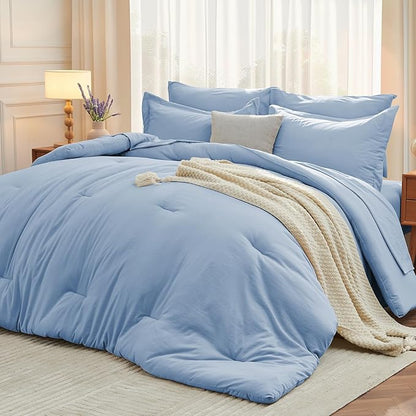 MUXHOMO 7 Pieces Full Comforter Set, Soft Bed in a Bag Full Size, All Season Bedding Set with Comforter, Flat Sheet, Fitted Sheet, Pillowcases & Shams, Greyish Blue