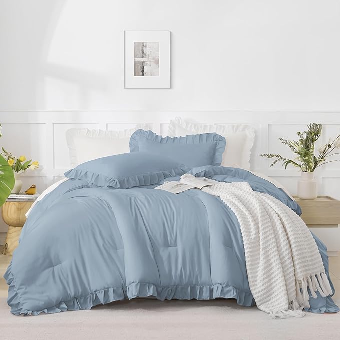 Andency Oversized King Comforter Set 128x120, 3 Pieces Grayish Blue Ruffle Shabby Chic Famhouse Bedding Set for Women, Lightweight Fluffy Super King Plus Bed Set for Girls