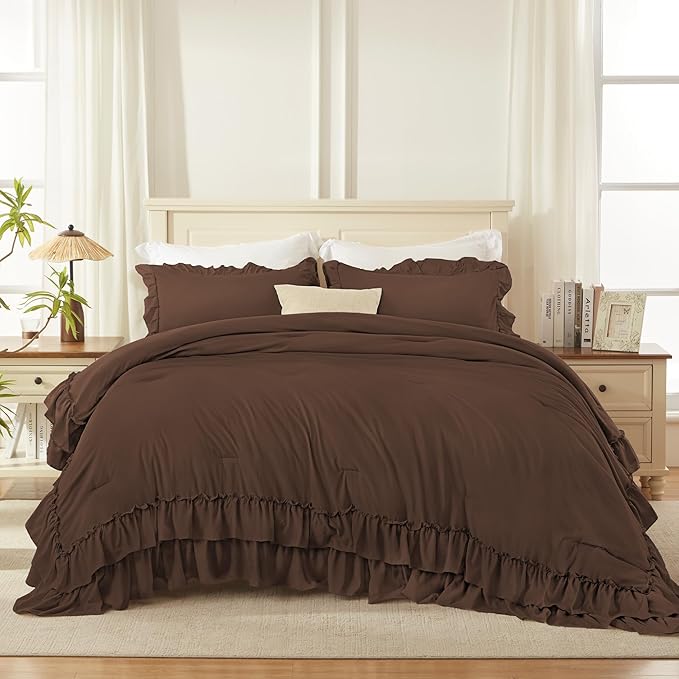 Andency Brown Oversized Queen Comforter Set (98x98Inch), 3 Pieces Lightweight Fluffy Ruffle Bedding Comforter Sets for Queen Bed, Farmhouse Shabby Chic Soft All Season Bed Set