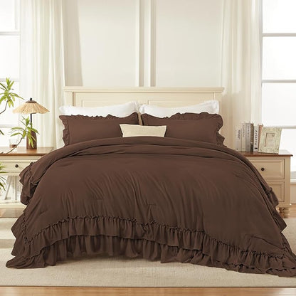 Andency Brown Oversized Queen Comforter Set (98x98Inch), 3 Pieces Lightweight Fluffy Ruffle Bedding Comforter Sets for Queen Bed, Farmhouse Shabby Chic Soft All Season Bed Set