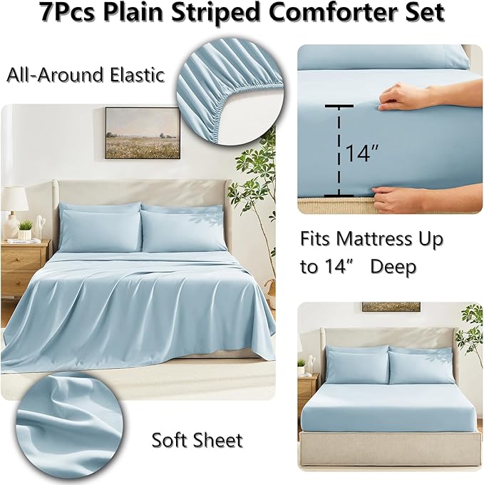 CozyLux Full Size Comforter Sets Light Blue, 7 Pieces Bed in a Bag, Blue Comforter Full Size, All Season Bedding Sets with Stitch Quilted Comforter, Flat Sheet, Fitted Sheet, Pillowcases