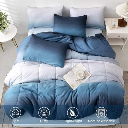 Anibedding Gradient Comforter Set Full Size 6 Pieces Ombre Navy Blue Bed in a Bag Complete Bedding Set - Breathable Solid Ocean Sea Blue Bed Sets with Flat/Fitted Sheet