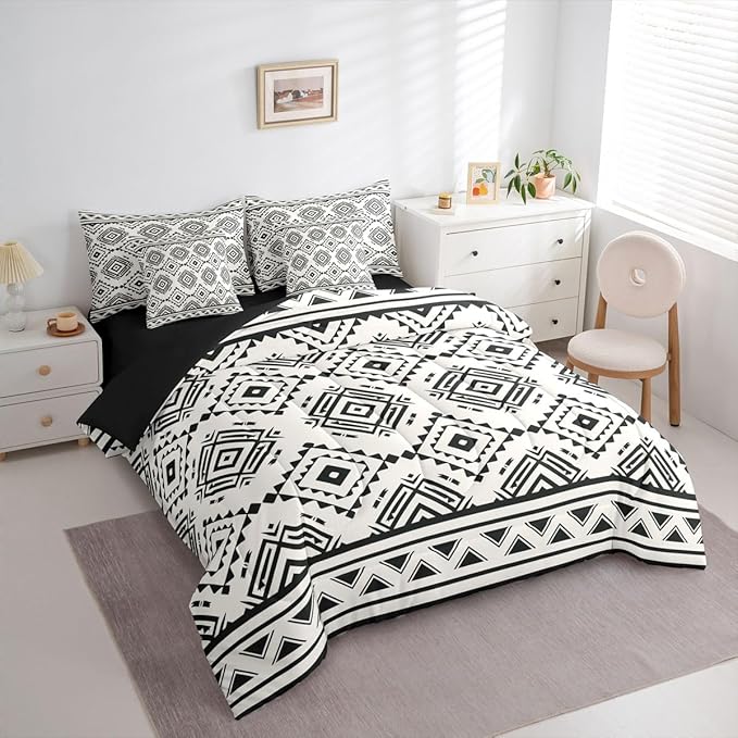 Erosebridal Boho Western Queen Comforter Set with Sheets 7 Piece Grey White Southwestern Bed in A Bag Rustic Farmhouse Aztec Bedding Sets for Men Adults Modern Geometric Diamond Bed Set