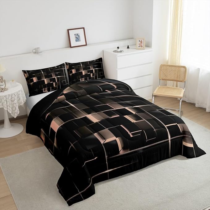 Erosebridal Light Yellow Black Twin Comforter Set Geometric Light Honeycomb Bedding Set for Kids Teens Adult, Decor Down Comforter Modern Style Quilt, Microfiber Lightweight All Season