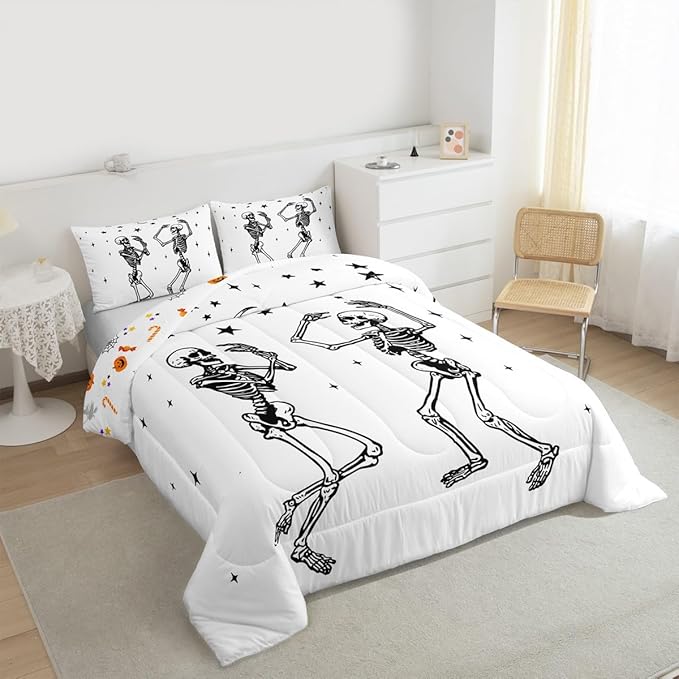 Erosebridal Halloween Skull Comforter Set Toddler, Dancing Skull Bedding Set, Gothic Skeleton Comforter, Star Quilt with 1 Pillowcase for Kids Boys Teens Men Vintage Halloween Decor