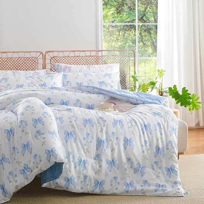 Blue Bow Comforter Set Twin 2Pcs Blue Floral Bedding Set for Girls Kids Romantic Princess Style Bowknot Bedding Ultra Soft Reversible Garden Flower Comforter Sets with 1 Pillowcase