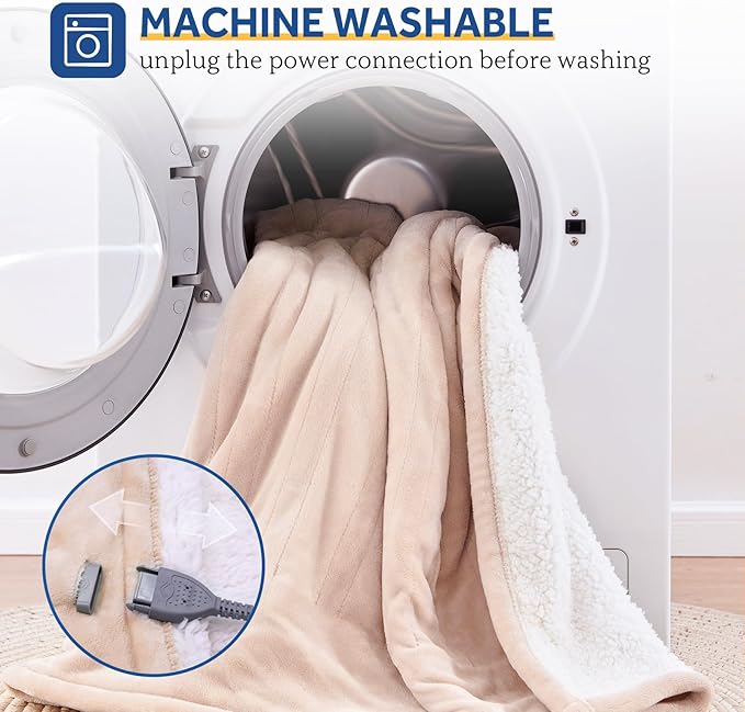 Sealy Electric Blanket with Foot Pocket for Adults, Flannel & Sherpa Heated Blanket Throw with 6 Heating Levels & 2-10 Hours Auto Shut Off, Fast Heating & Machine Washable, 50x62 Inch, Beige