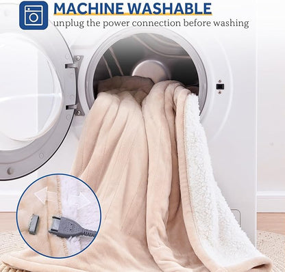 Sealy Electric Blanket with Foot Pocket for Adults, Flannel & Sherpa Heated Blanket Throw with 6 Heating Levels & 2-10 Hours Auto Shut Off, Fast Heating & Machine Washable, 50x62 Inch, Beige