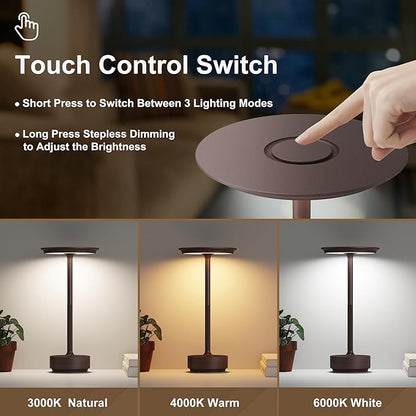Rechargeable Cordless Table Lamps,Portable 5000mAh Table Light Touch 3 Color Stepless Dimming Battery Powered LED Metal Table Lamp for Restaurant/Home/Outdoor/Camping.(Rust)