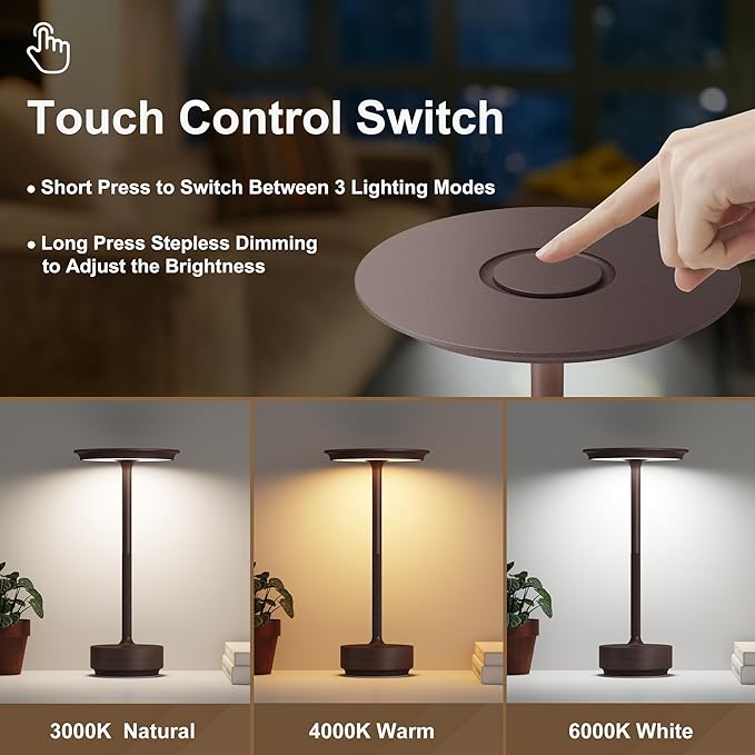 2 Pack Rechargeable Cordless Table Lamps, 5000mAh Portable LED Table Light, 3 Color Stepless Dimming Battery Powered Metal Table Lamp for Outdoor/Home/Restaurant.(Rust)