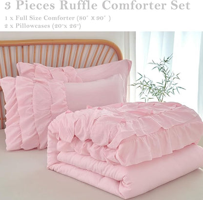 PERFEMET Pink Ruffled Comforter Set Full Multi-Layers Ruffle Bedding for Girls Princess Bedding Set Kids Chic Room Decor (Light Pink，Full)