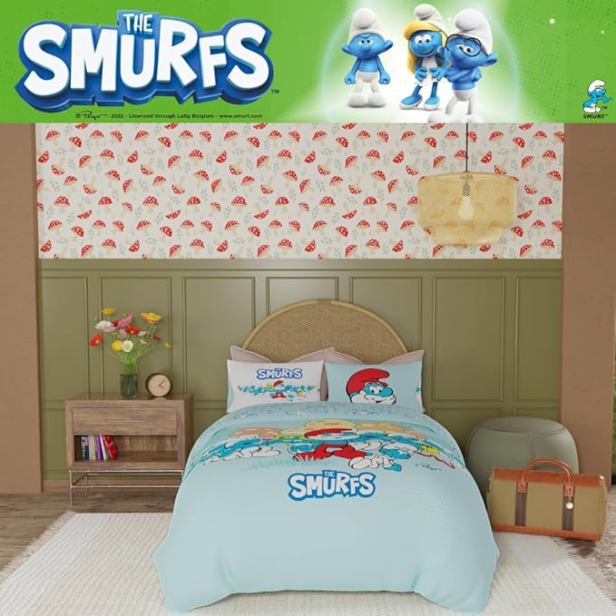 Franco The Smurfs Bedding Super Soft Cozy Reversible Comforter and Sheet Set, 4 Piece Twin Size, (Officially Licensed Product)