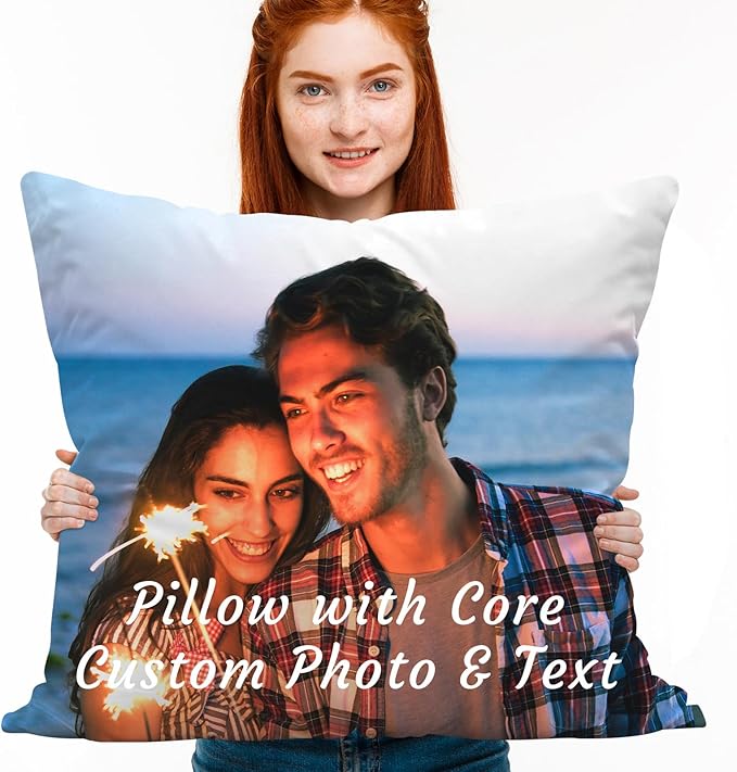 Custom Pillow with Insert, Personalized Throw Pillows with Picture Text - Double-Sided Printing | 5 Sizes & 10 Colors, Customized Pillow Photo Gifts for Girlfriend Boyfriend, Couple Gifts