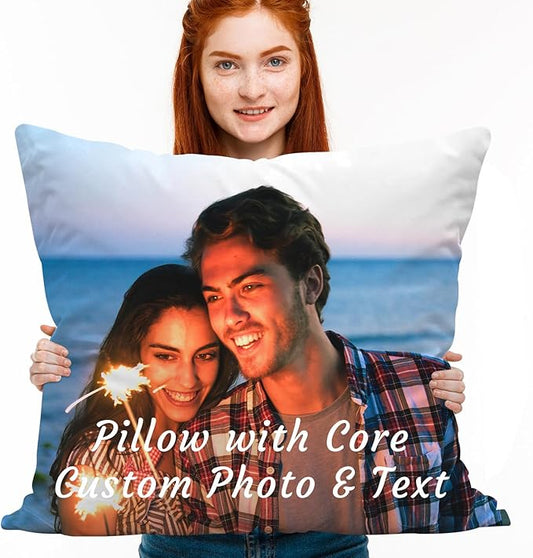 Custom Pillow with Insert, Personalized Throw Pillows with Picture Text - Double-Sided Printing | 5 Sizes & 10 Colors, Customized Pillow Photo Gifts for Girlfriend Boyfriend, Couple Gifts