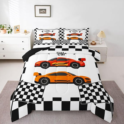 jejeloiu Boys Cartoon Racer Car Bedding Set King Size Black White Checkerboard Comforter Set for Kids Red Orange Duvet Set Cute Car Quilt Set 3Pcs