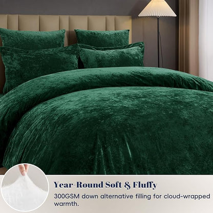 PHF Crushed Velvet Comforter Set King Size, 5-Piece Luxury Winter Bedding Sets with 2 Euro Shams, Heavyweight Warm Fluffy Velvet Bed Spread, Glam Home Decor, Emerald Green