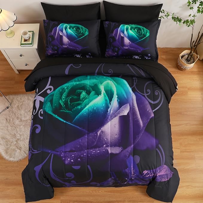 WONGS BEDDING Queen Comforter Set -7 Pieces, Reversible Teal & Purple Rose Bed in a Bag Queen, Lightweight Soft Microfiber Bedding Sets with Flat Sheet, Fitted Sheet, Pillowcases & Shams