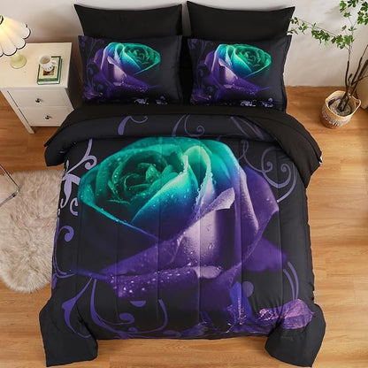 WONGS BEDDING Queen Comforter Set -7 Pieces, Reversible Teal & Purple Rose Bed in a Bag Queen, Lightweight Soft Microfiber Bedding Sets with Flat Sheet, Fitted Sheet, Pillowcases & Shams