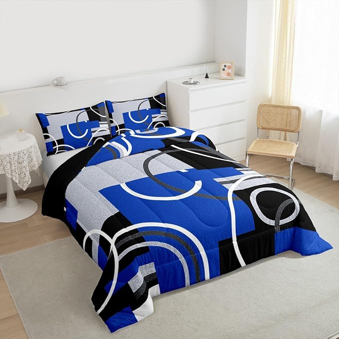 Royal Blue Black Grey Bedding Sets Queen Swirls Spiral Comforter Set Abstract Gromment Stripes Quilt Bedroom Decor Geometric Plaid Bedding Modern Graphic Artwork Quilted Comforter All Season